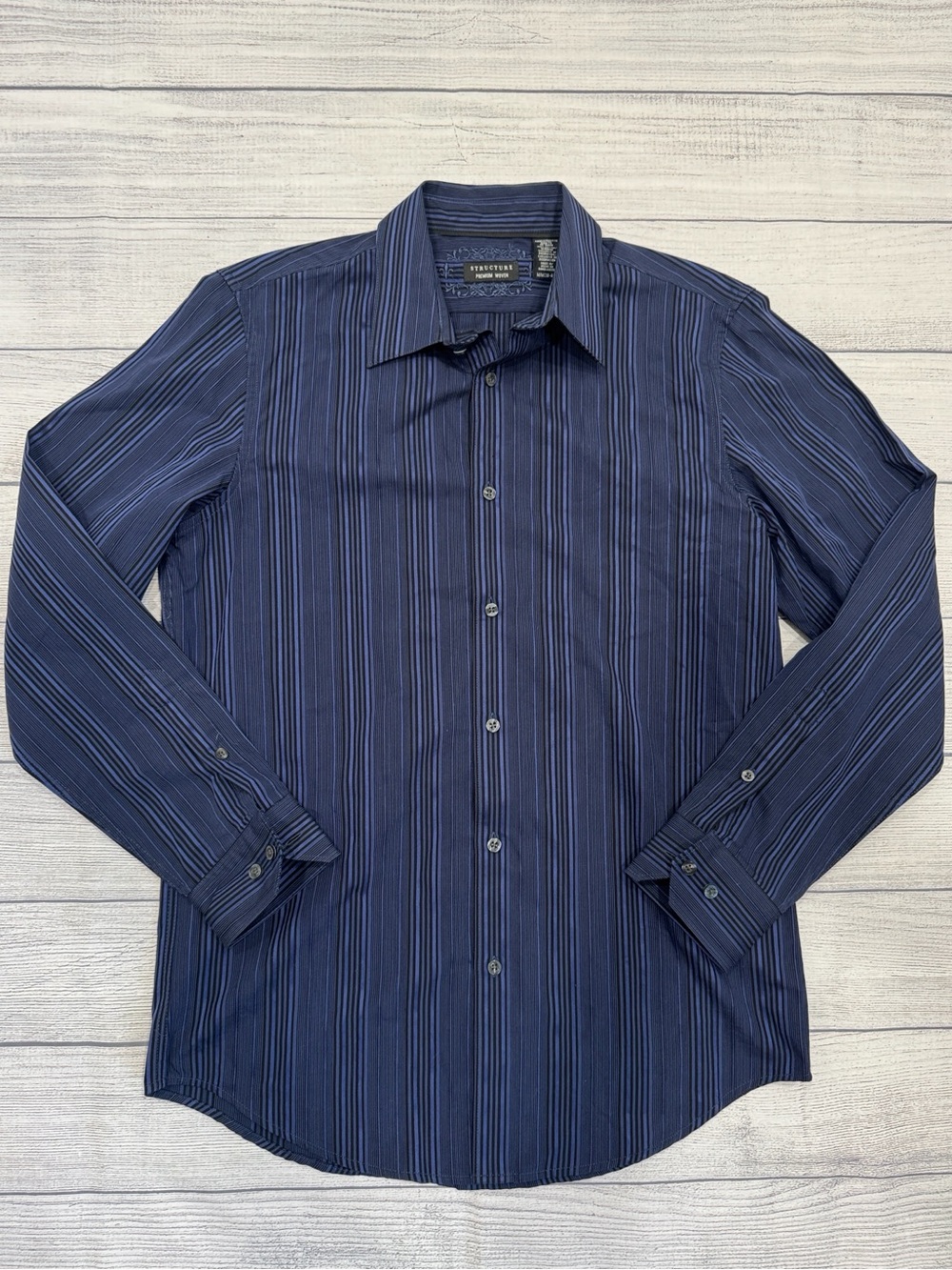 Structure Men's Navy and Blue Vertical Stripe Dress Shirt